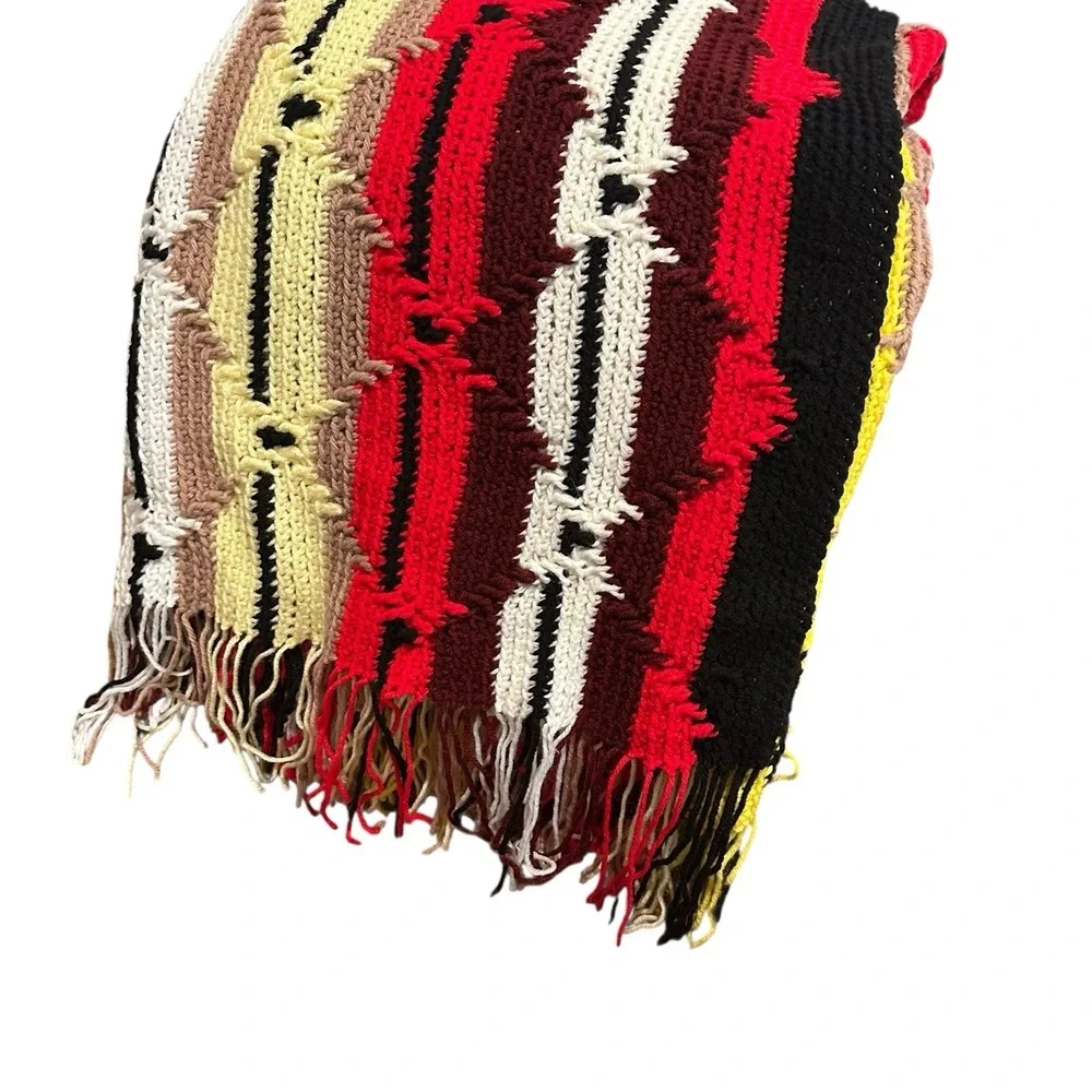 Vtg Crochet Afghan Red Black Brown White Blanket Throw Fringe Southwestern 60x44